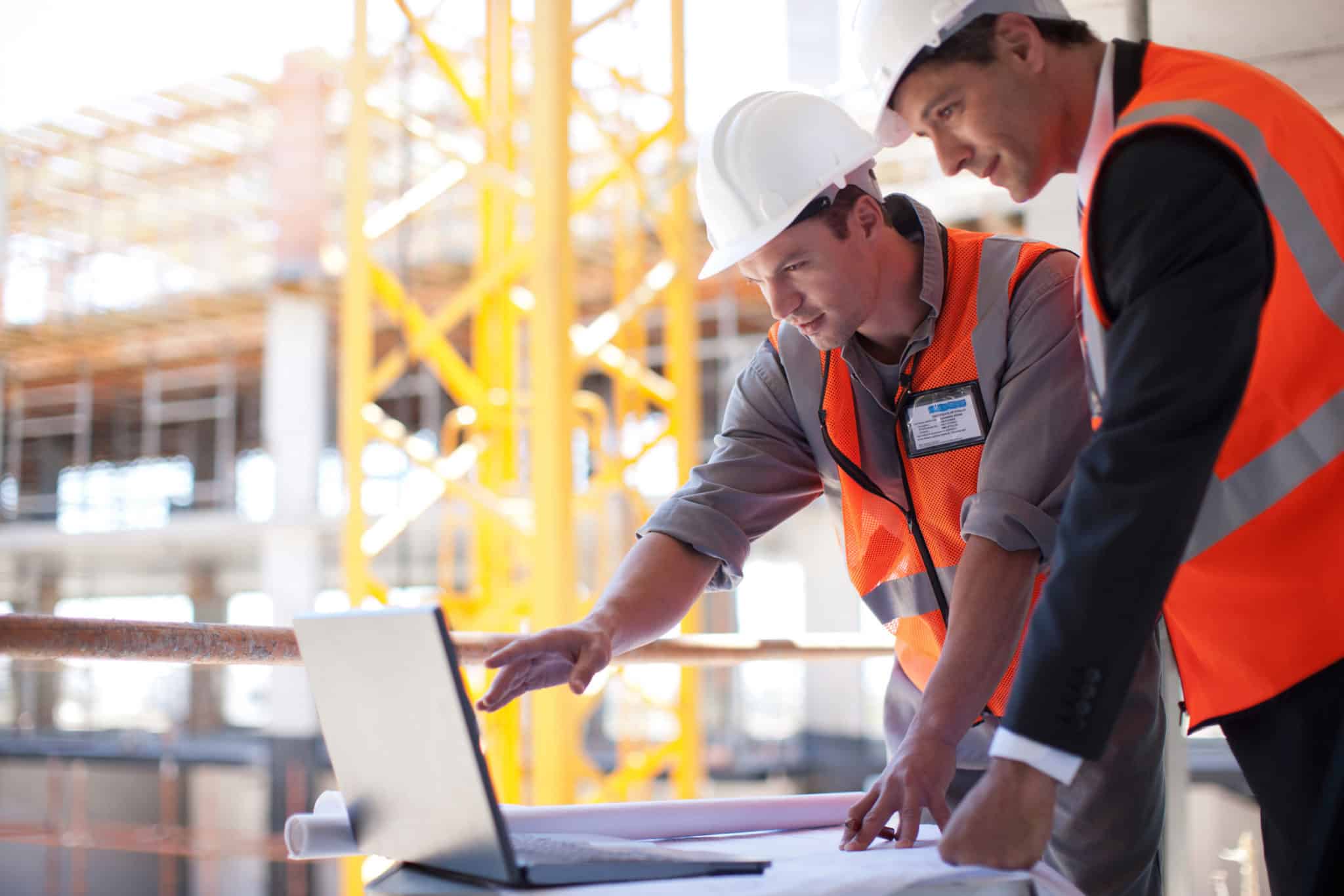 Two construction workers looking at a laptop.