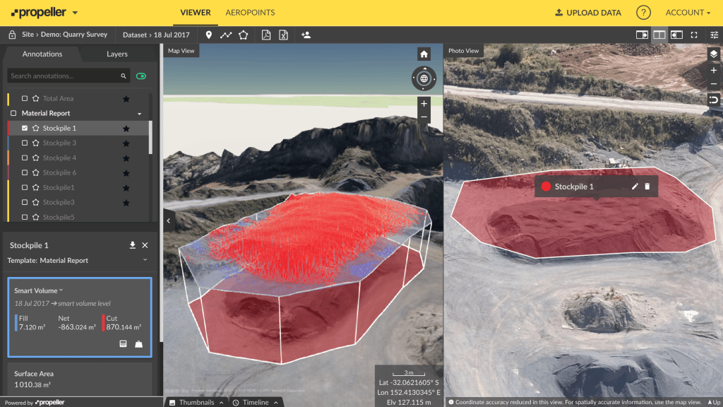 Stockpile volume measurement using survey data shown on the Propeller platform.