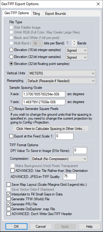 GeoTiff export options menu