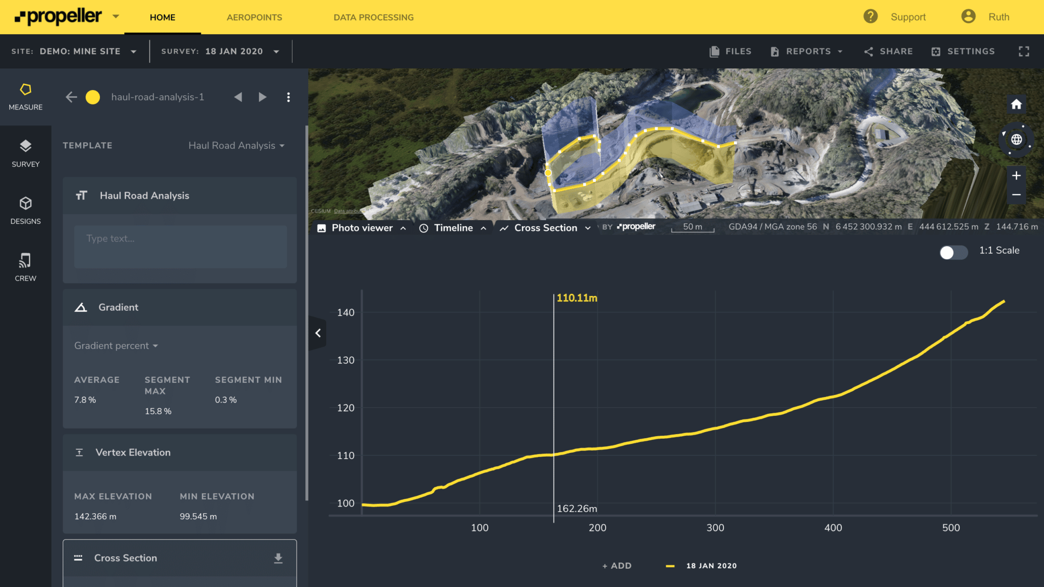 A propeller Platform screenshot showing Haul Road Analysis.