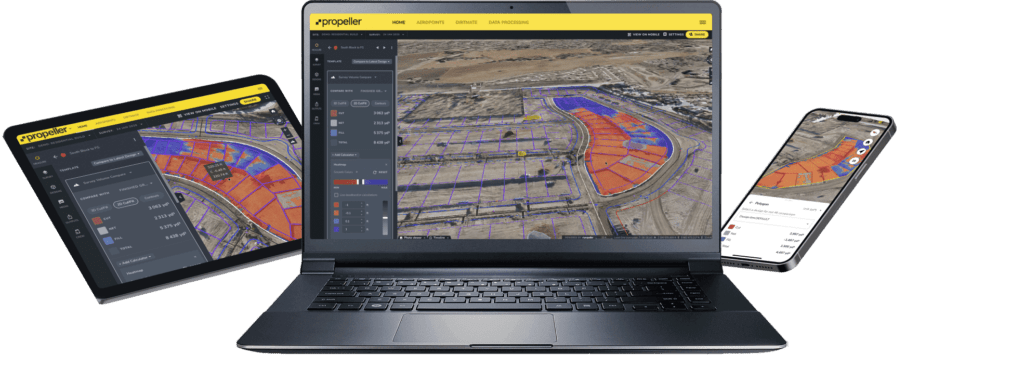 Propeller. Drone data processing and analytics platform shown on a desktop, tablet, and mobile.