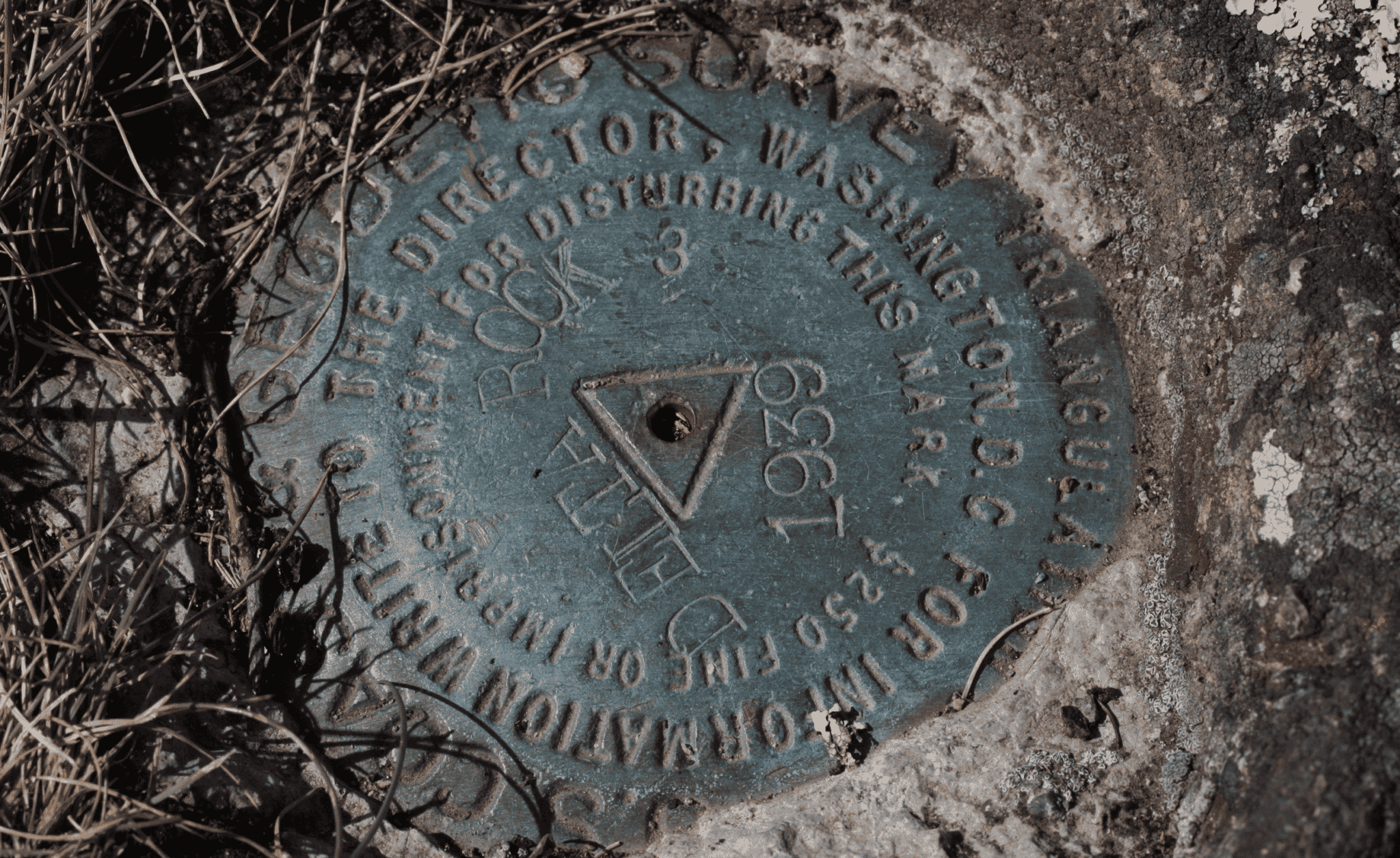 Metal ground control marker in the ground.