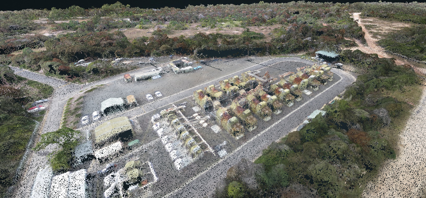 Aerial point cloud image of a power station.