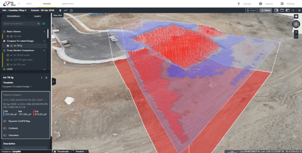 cut and fill measurement results displayed in construction software