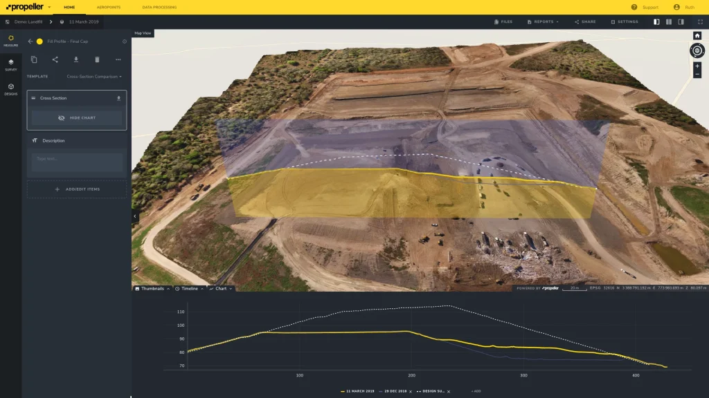 cross section of digital terrain model in the propeller platform
