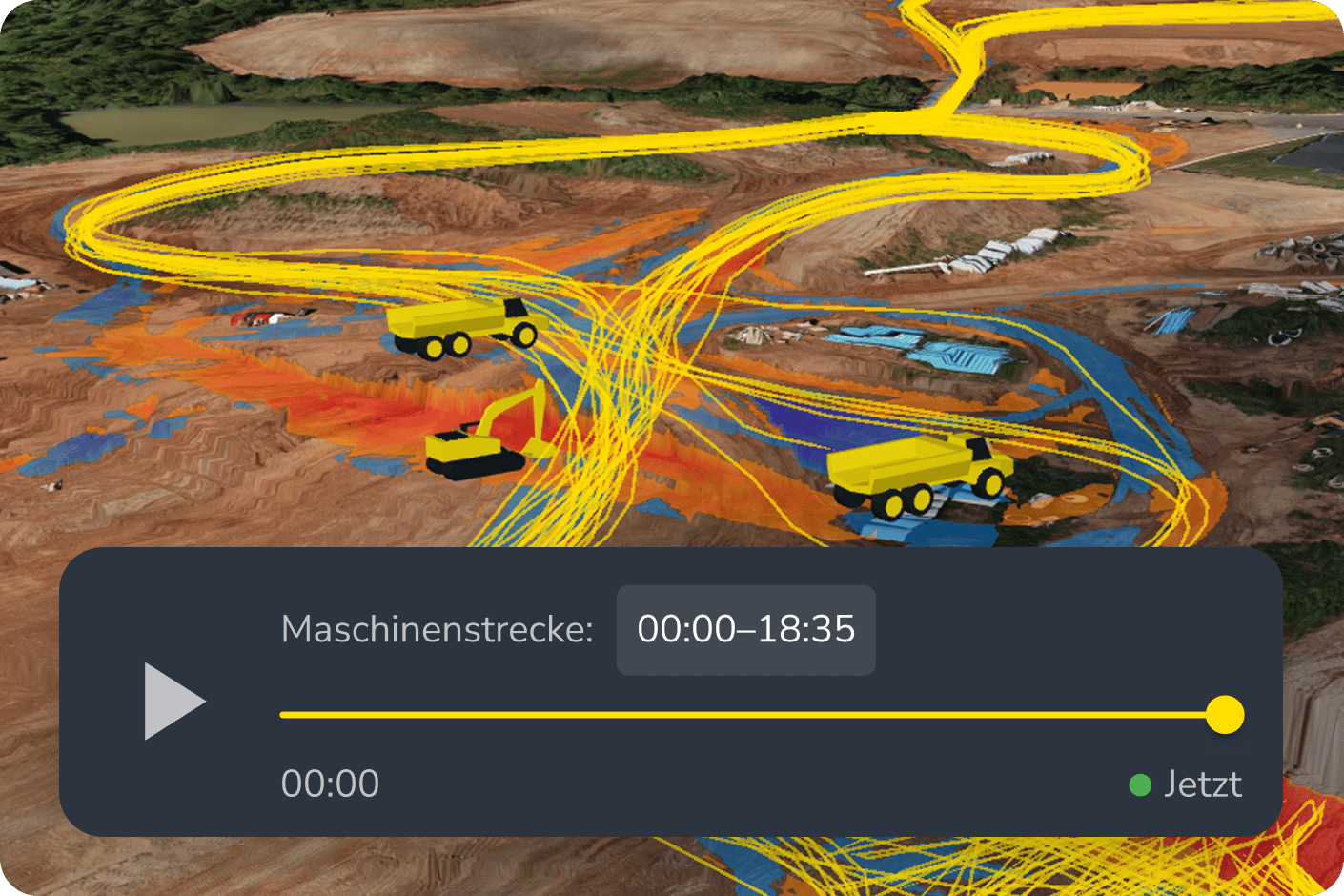 Mockup der DirtMate Oberfläche mit Maschinenstrecke