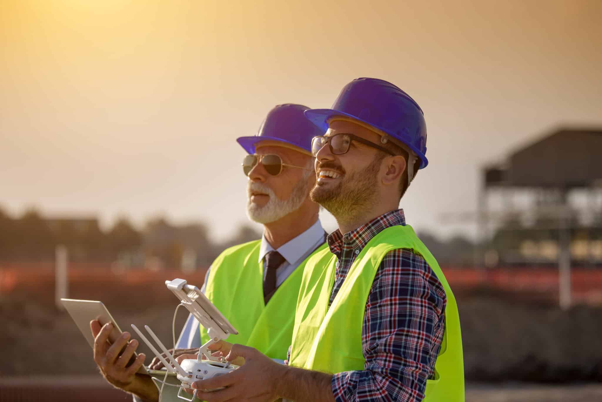 Two engineers with helmets and vests operating with drone by remote control and looking up in the sky. Technology innovations in construction industry