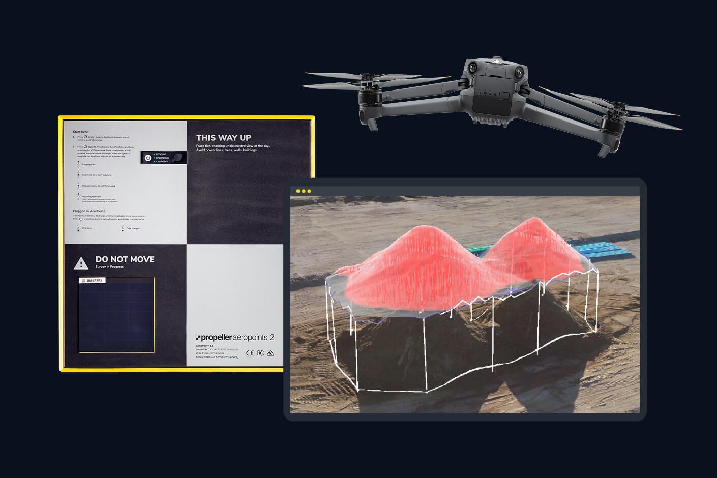 An AeroPoint, drone flying and a screenshot of two stockpiles featured in Propeller