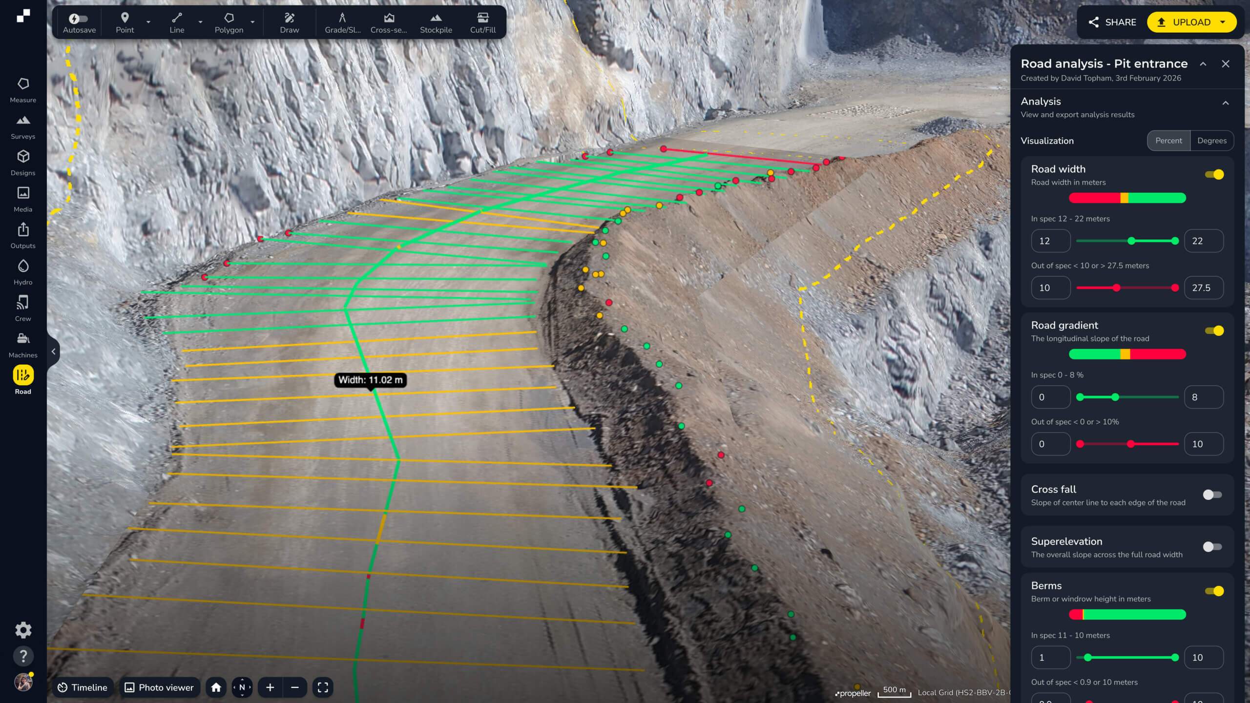 Propeller automated haul road analysis for mining and aggregates