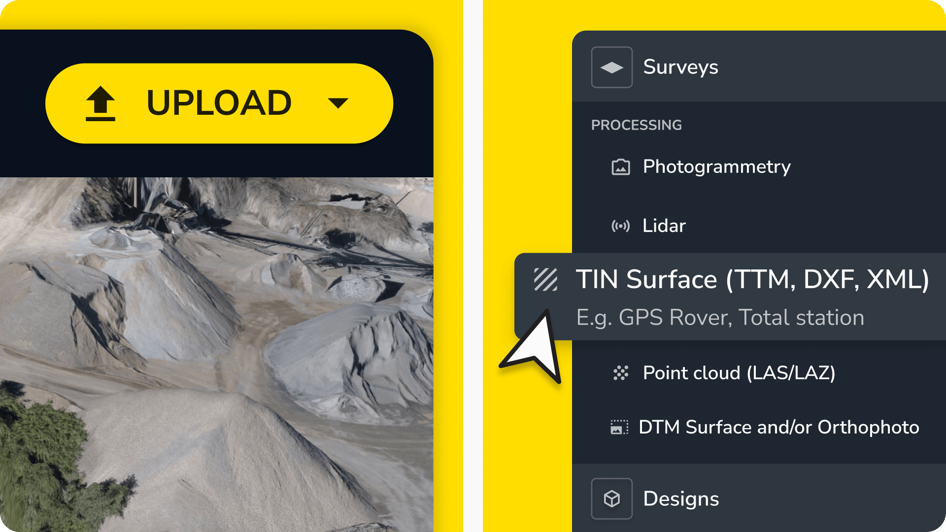Upload button highlighted in the Propeller platform for adding TIN surfaces