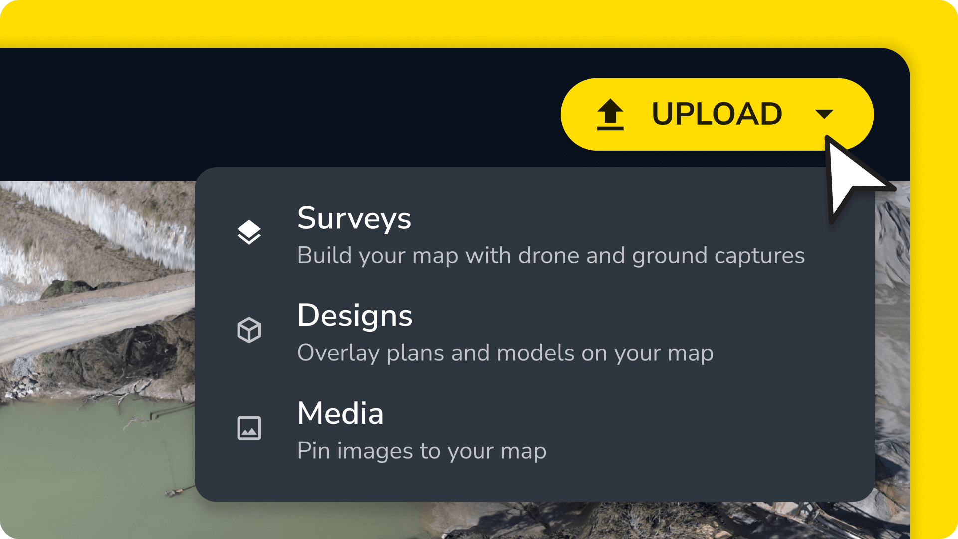 Upload menu in Propeller showing surveys, designs, and media options under TIN surfaces