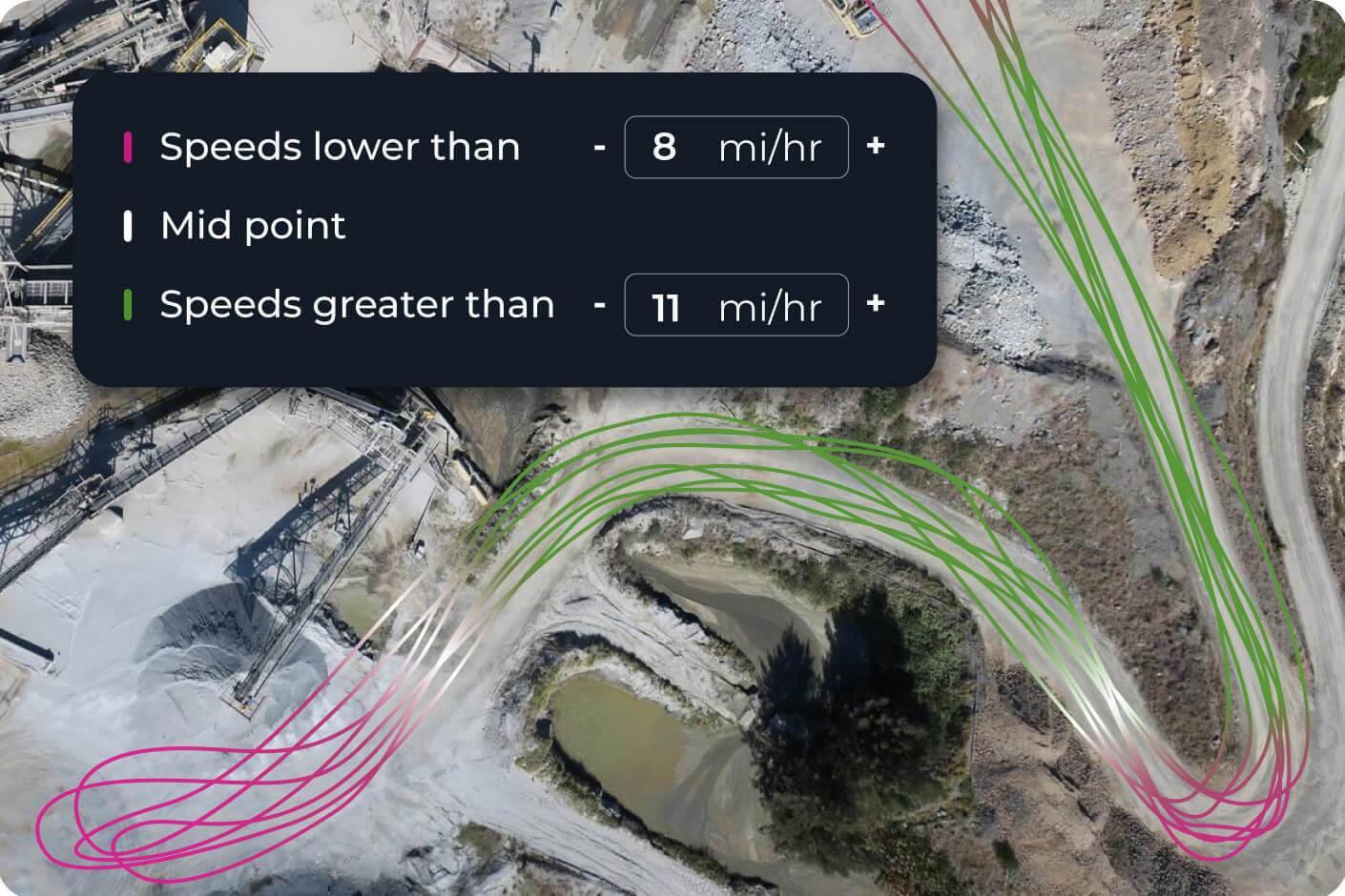 machine trails UI on an aerial view of the map