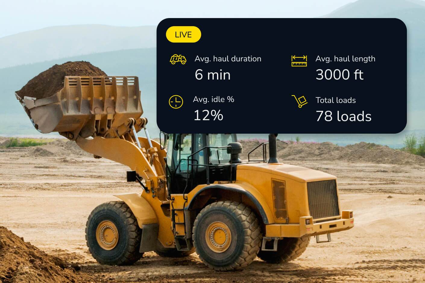 A wheel loader highlighted next to a user interface popup highlighting their key metrics