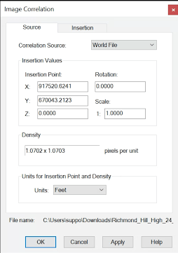 Civil 3D Image Correlation dialog box
