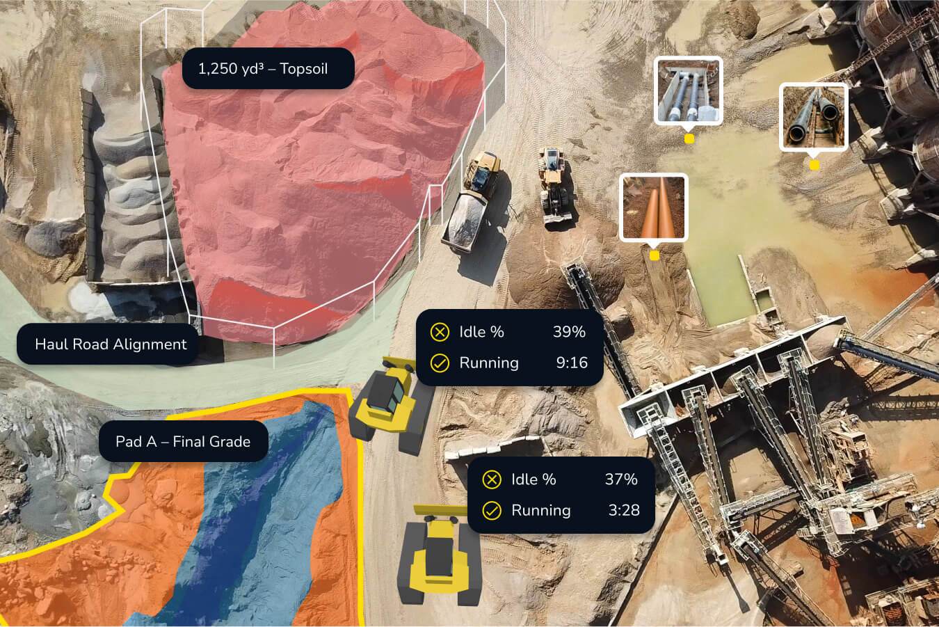 DirtMate dashboard highlighting the work of 2 bull dozers on a worksite