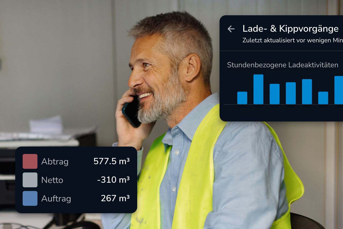 Person on the phone while looking at metrics for load and dump count plus cut/fill
