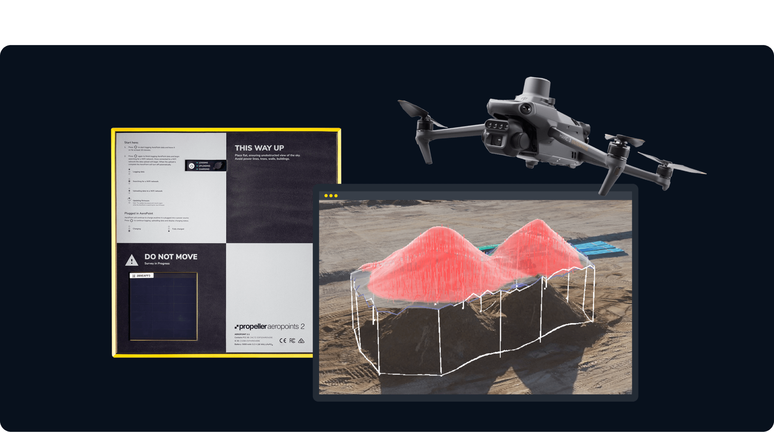 a drone aeropoint and smart survey on a black background