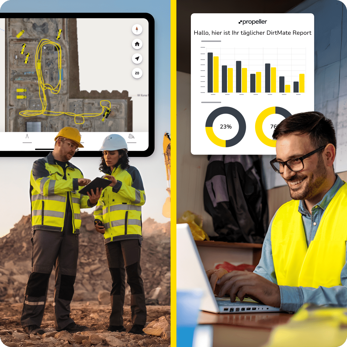 Collage aus Mitarbeitern auf der Baustelle und im Büro