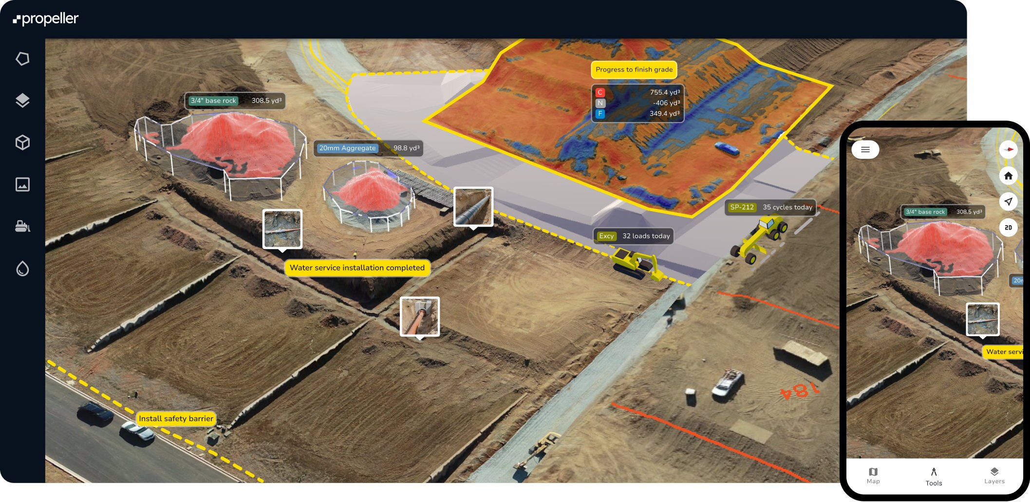 Propeller platform on desktop and mobile highlighting cut fill maps, markups and media