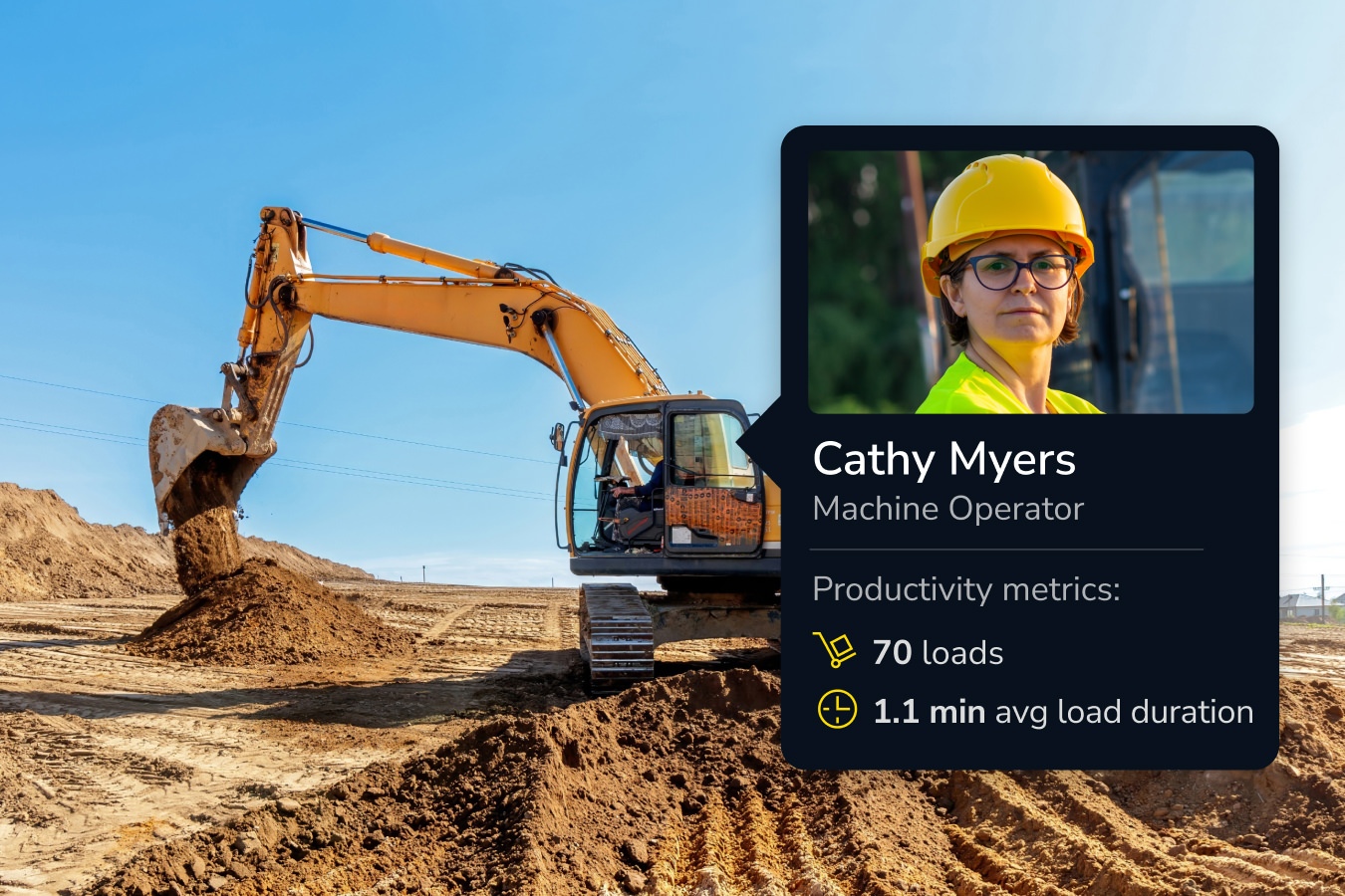 An excavator working on site with key metrics next to it