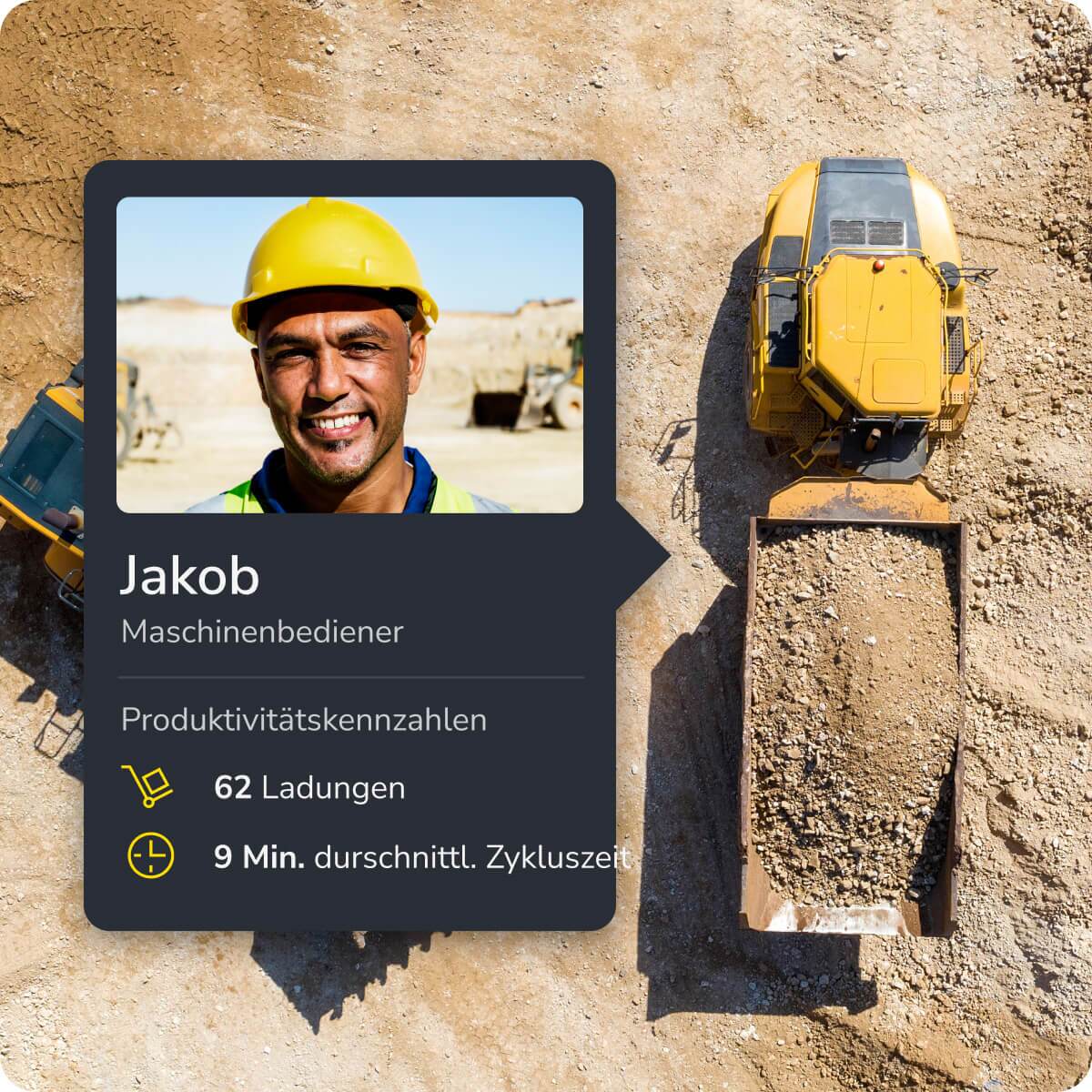Dump truck on a construction site with highlighted metrics for dump and load counts