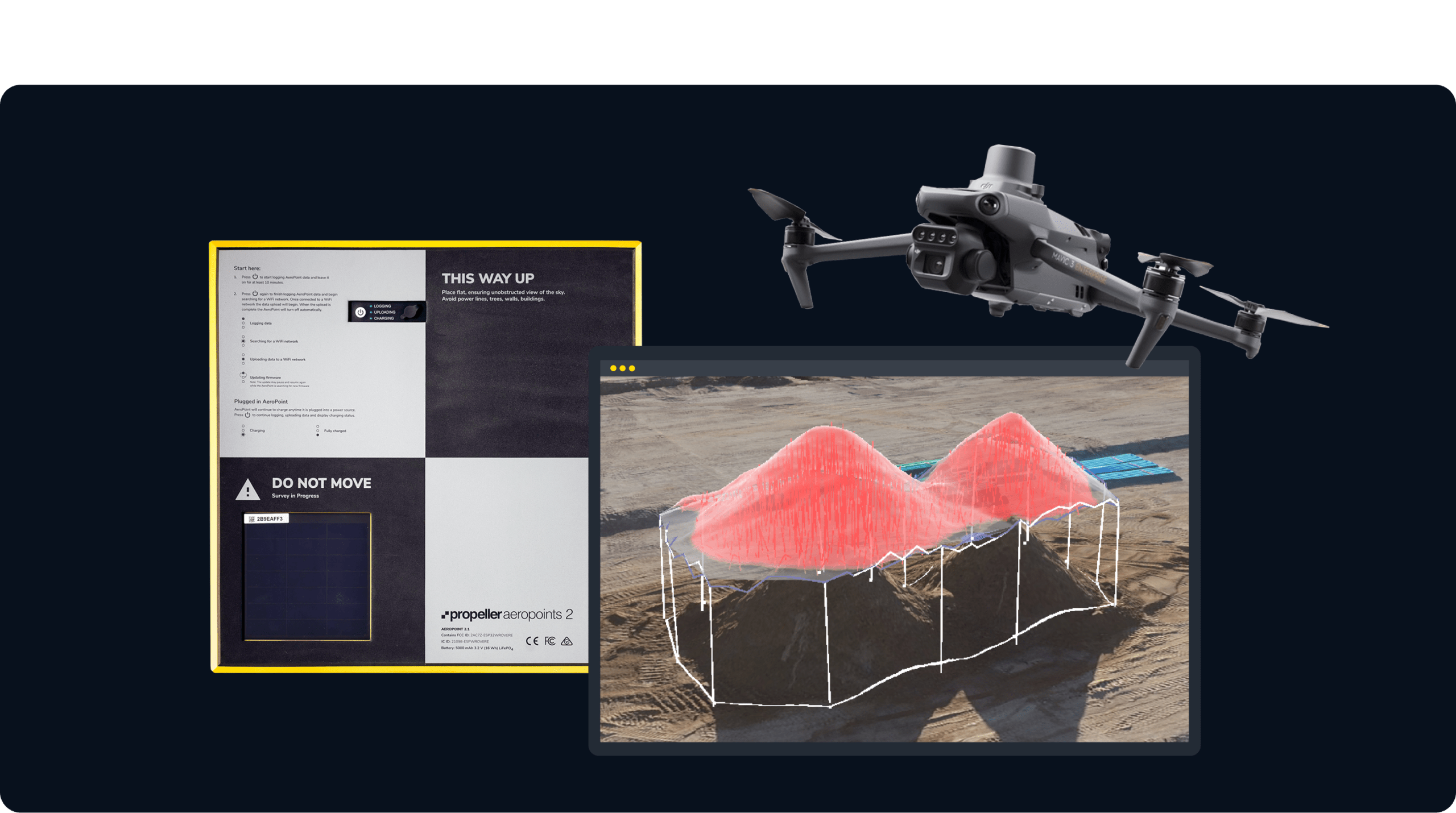 a drone aeropoint and smart survey on a black background