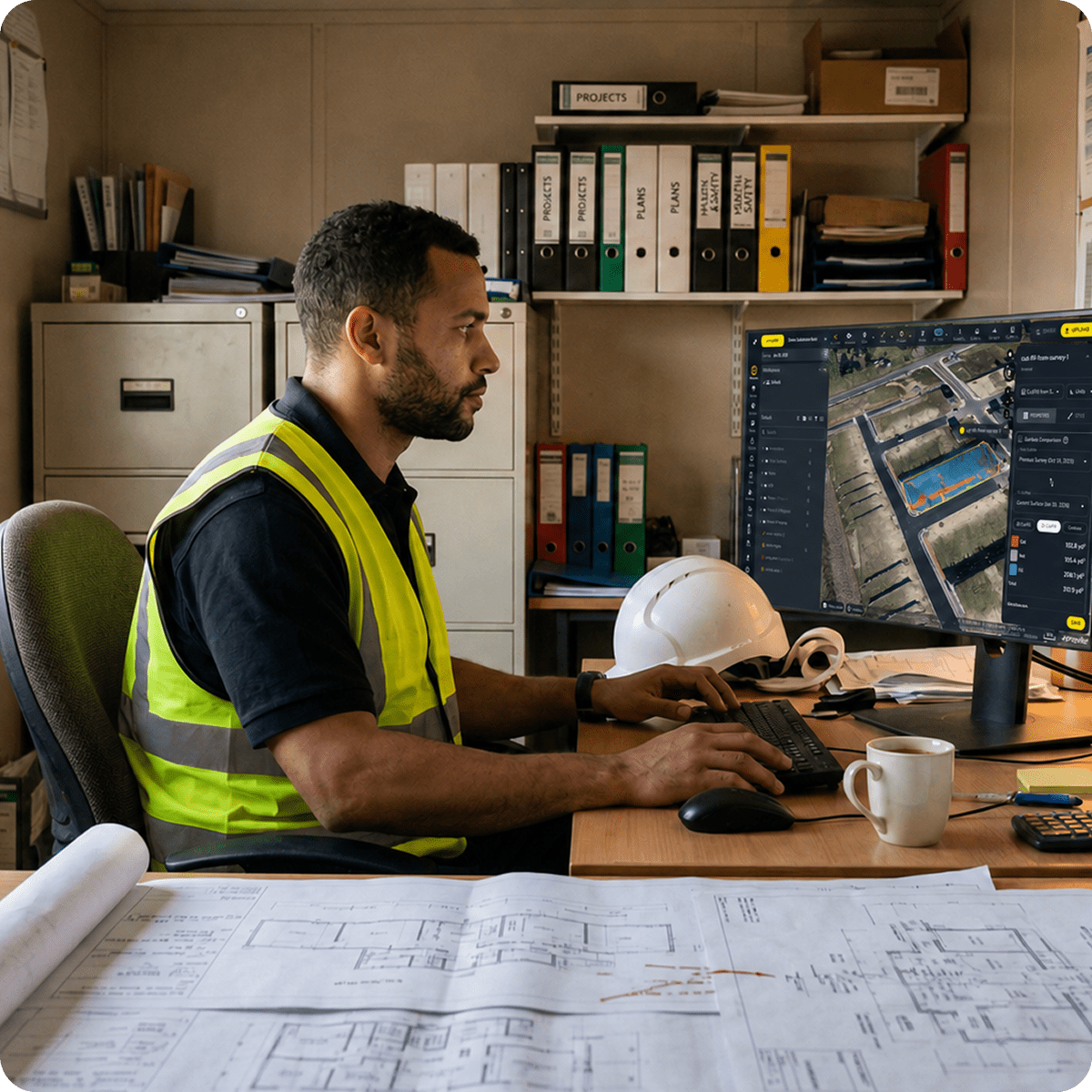 Man in a construction site trailer working on a computer