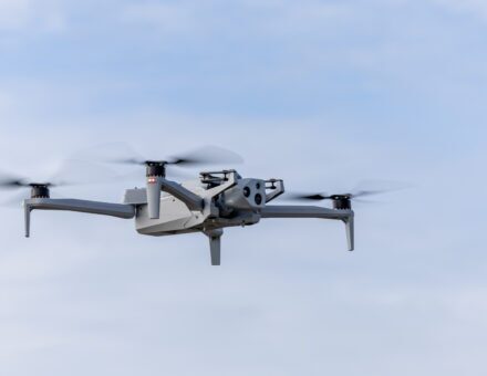 Skydio X10 drone flying in the air