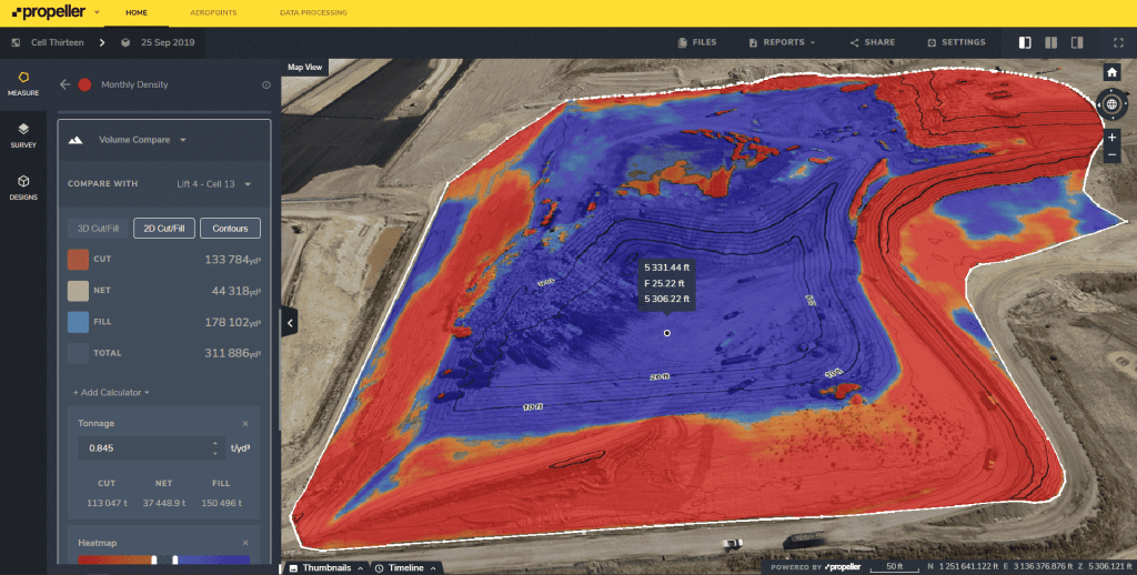 Propeller cut-fill map showing landfill cell progress