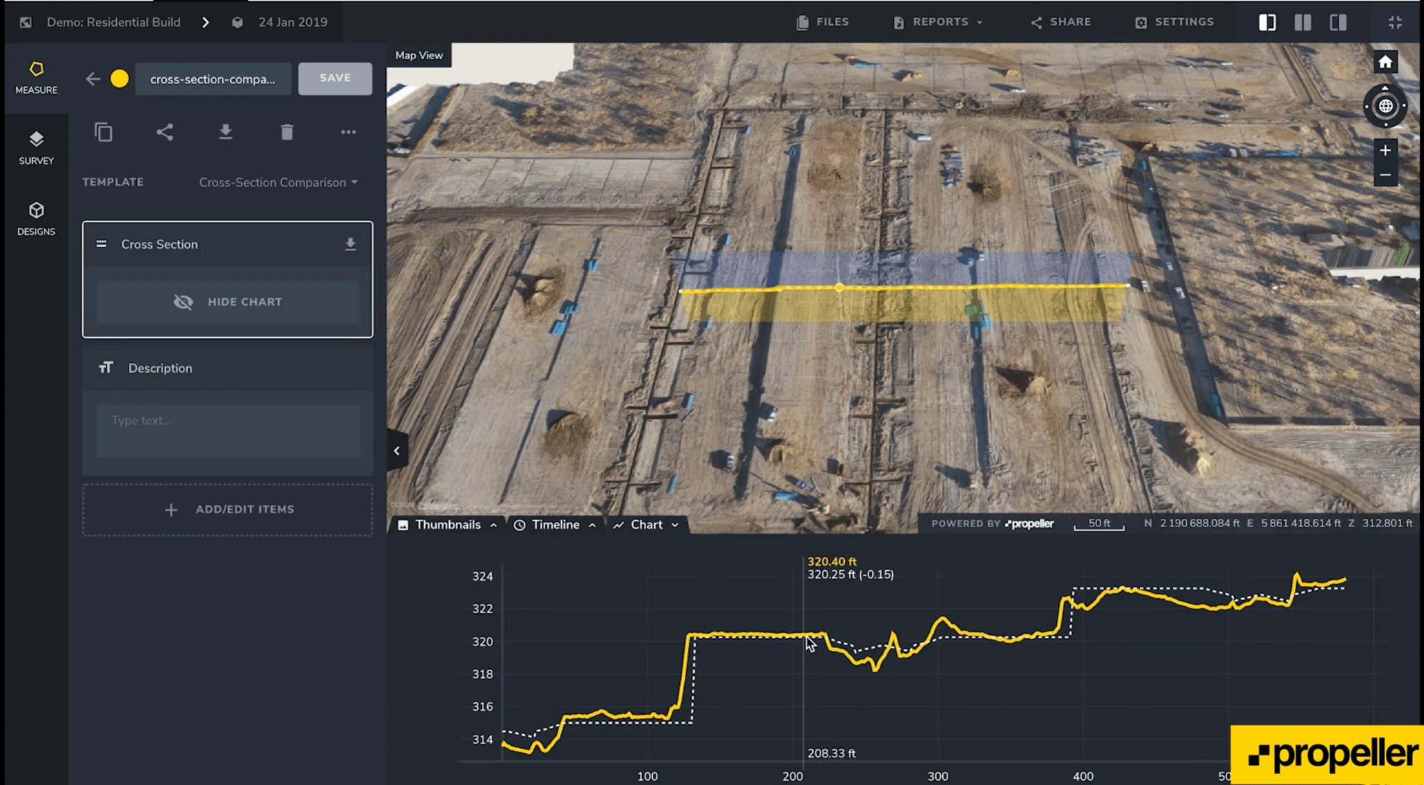 Cut-fill map in Propeller showing material movement across a construction site