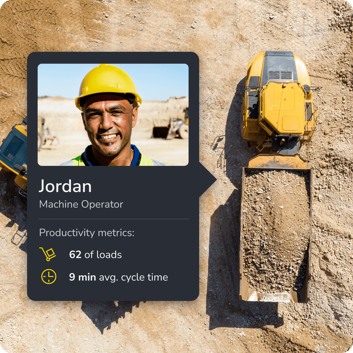 Machine operator efficiency metrics overlaid on a haul truck image