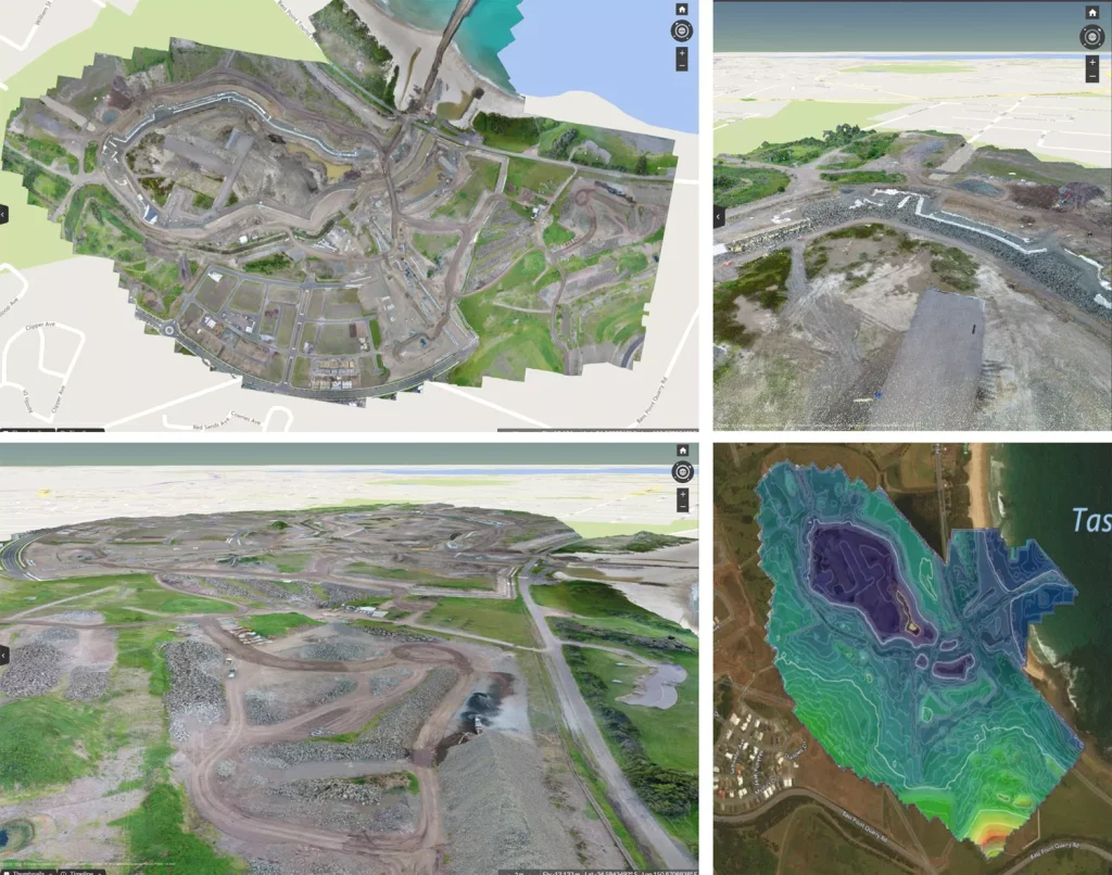 Various drone survey visuals. From top left: an orthophoto, point cloud, digital terrain model, and contour map.