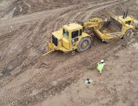Aerial drone shot of survey site and AeroPoint