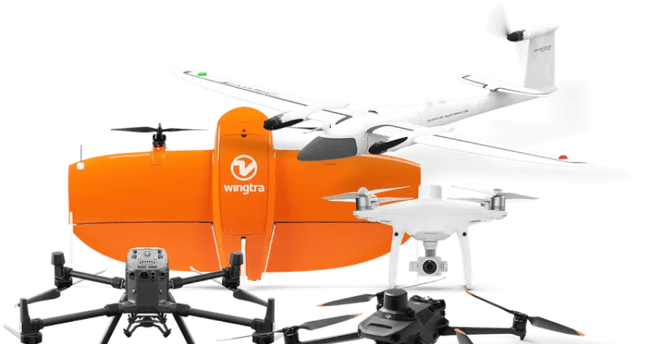 A collection of drones used with AeroPoints for survey-grade results.