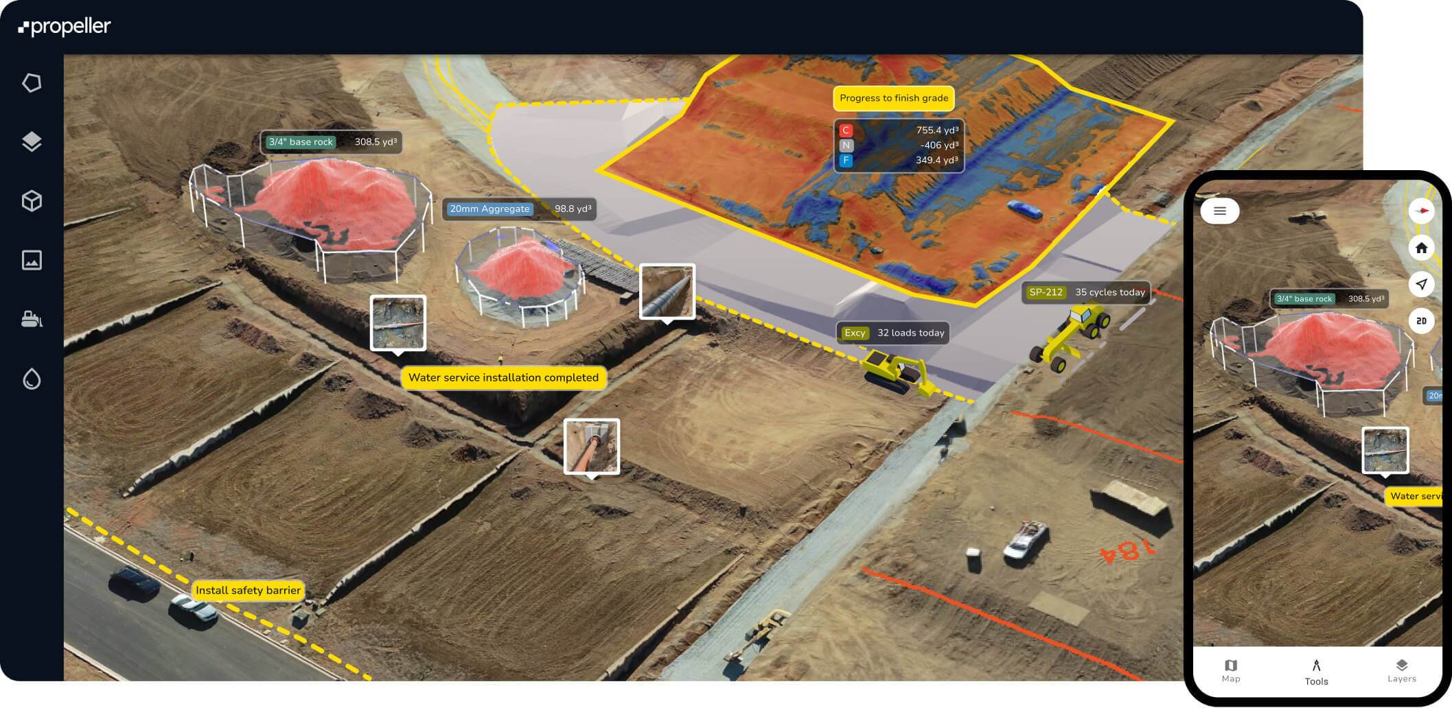 Propeller platform on desktop and mobile highlighting cut fill maps, markups and media
